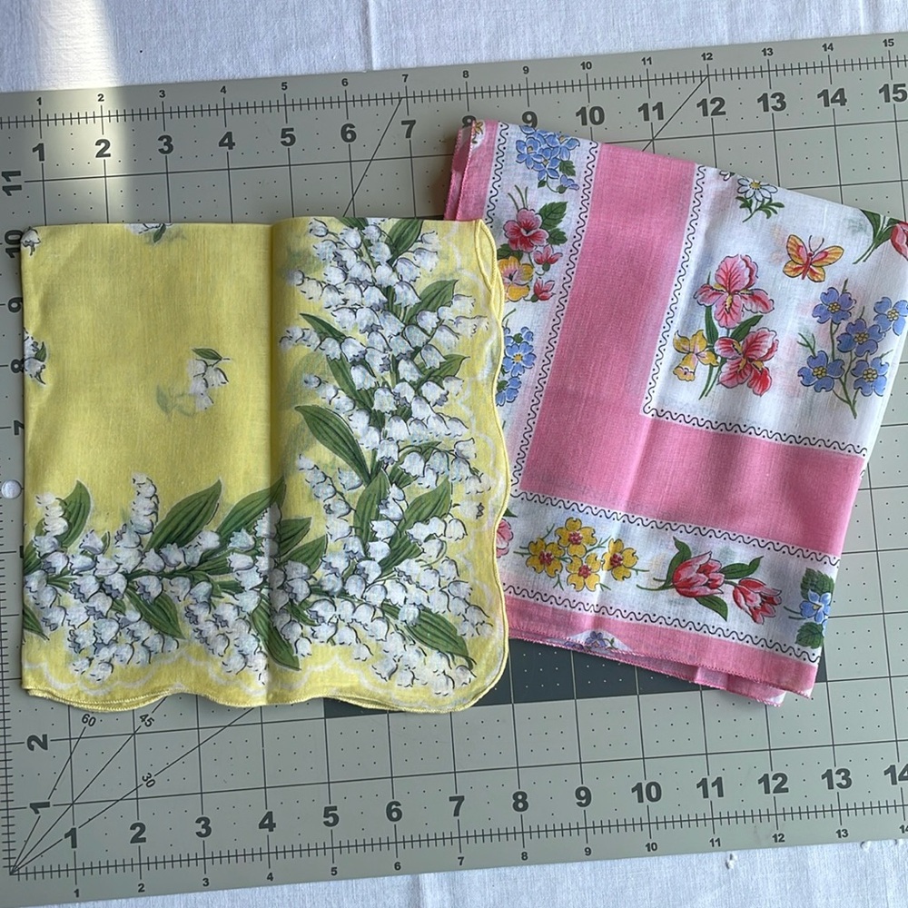 Vintage handkerchiefs (2) both floral, springtime motif, one pink, one yellow